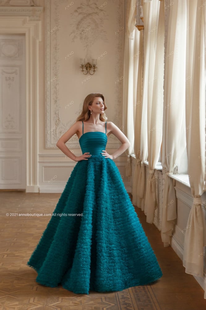 Strap gown with ruffle skirt