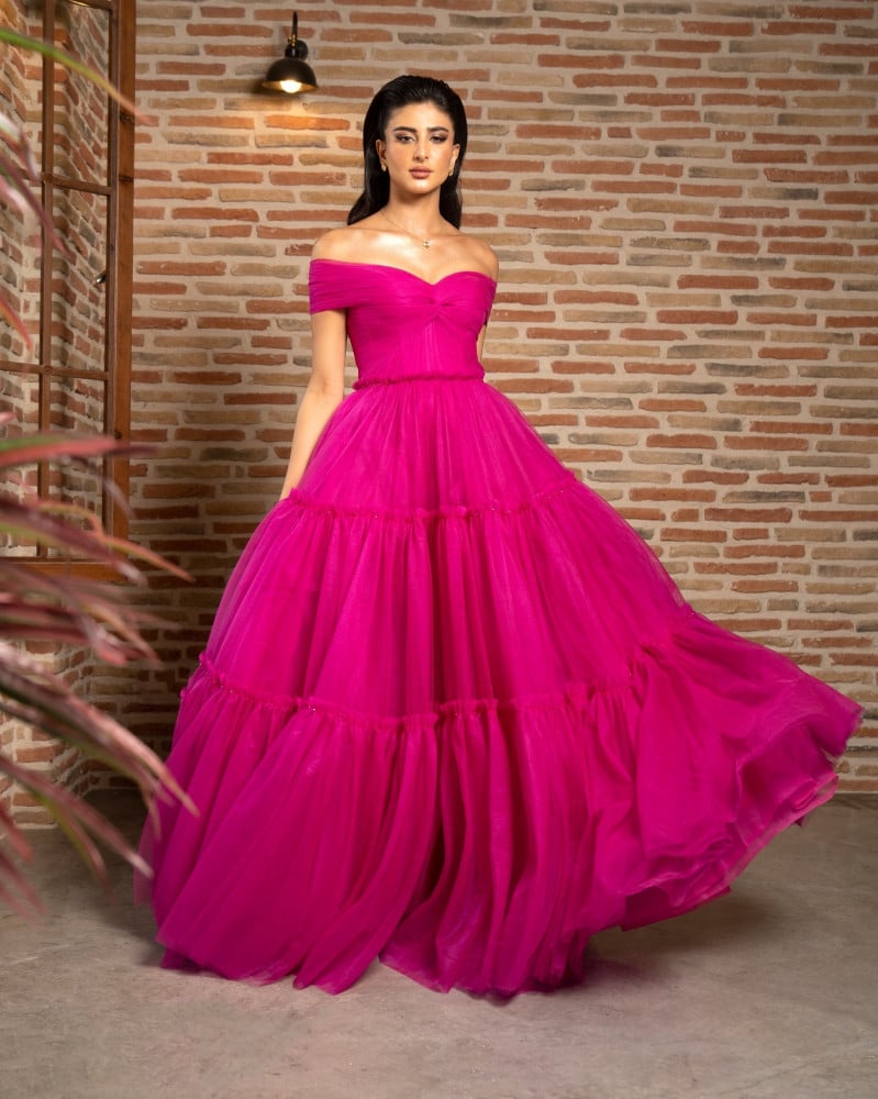 Fuchsia Off The Shoulder Maxi Evening Gown