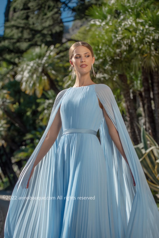 Light Blue 3D Flowers Prom Dresses Cape Sleeve Long Tulle Evening Dres –  Viniodress