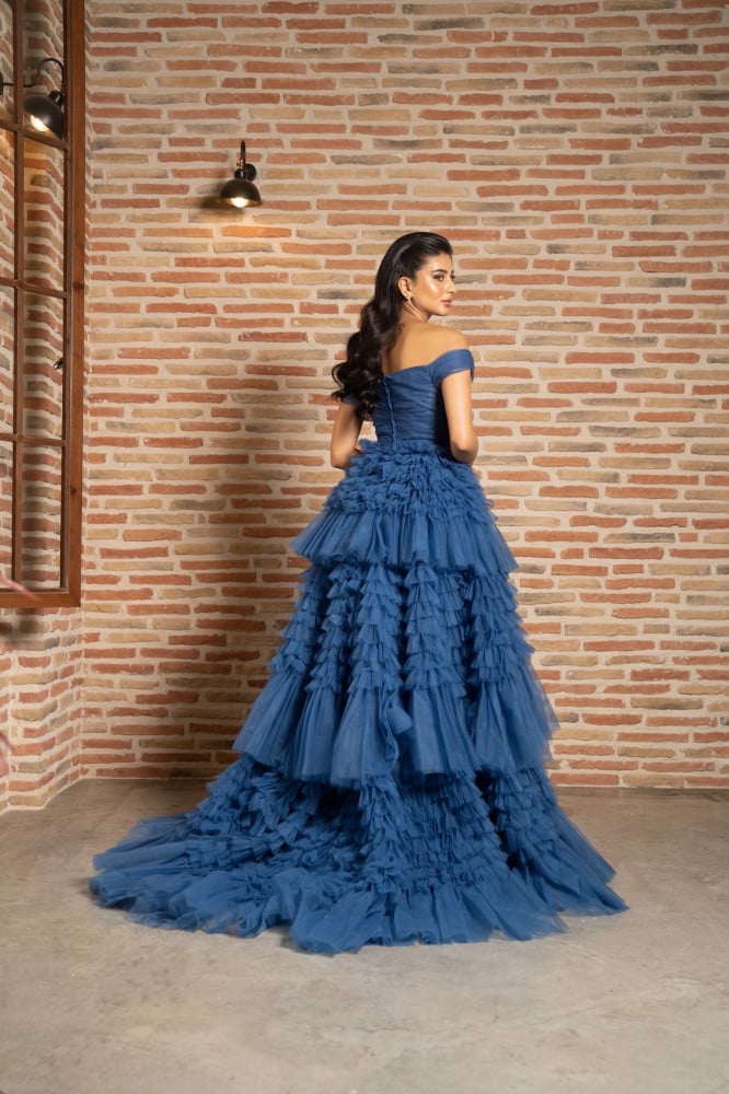 Blue Off The Shoulder Frill Layered Gown