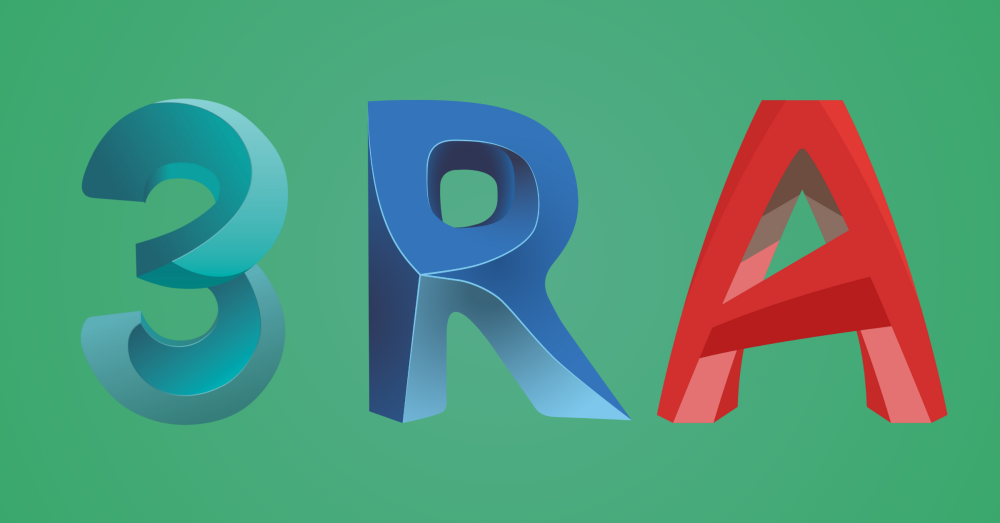 واجهة برامج AutoCAD، Revit، و3ds Max مع شعاراتها، توضح الفرق بين برامج