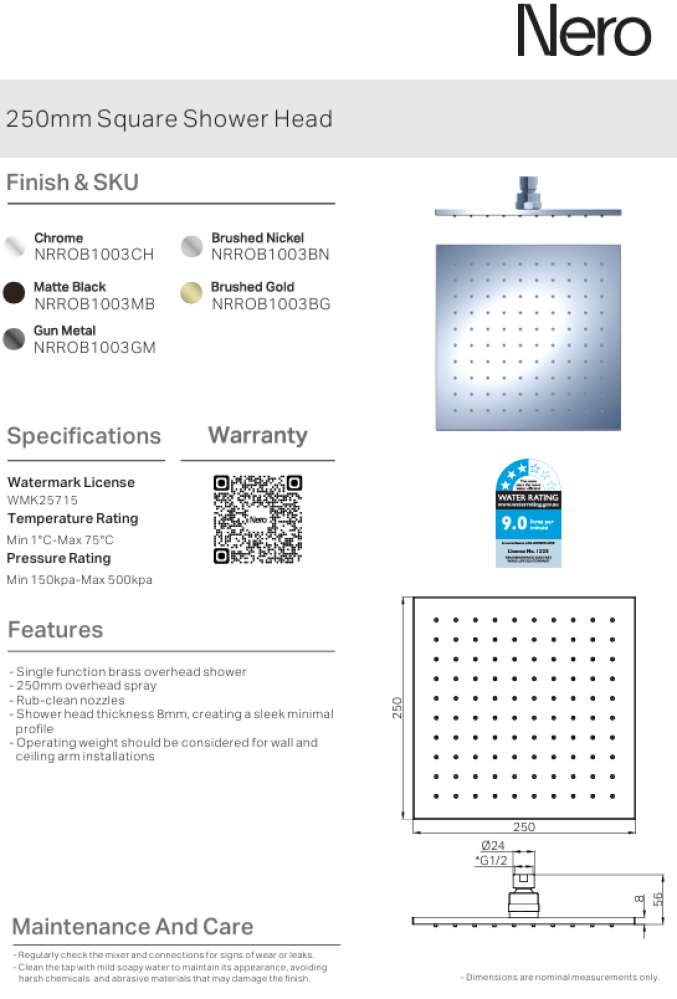 طاسة دش / شاور رأسي 25 سم مربع اللون معدني رمادي نيرو / Nero