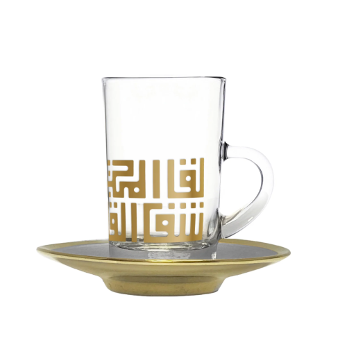 طقم بيالات و فناجين شاي زجاجية لون ذهبي وسلفر بزخر...