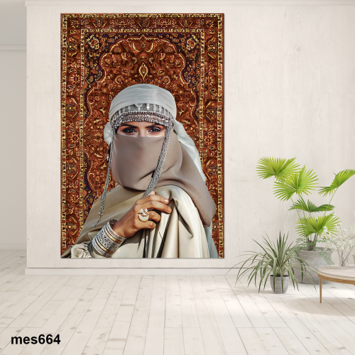 لوحة جدارية مطبوعة بخلفية سجاد وكولاج صورة امرأة