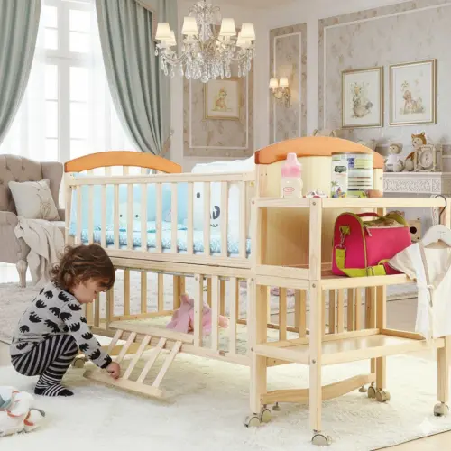 سرير أطفال خشبي من Zrafh مع مساحة تخزين وعجلات – ارتفاع قابل للتعديل، 115 × 61 × 95 سم (WBBZ29)