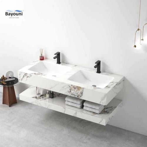 مغسلة ديكور رخام 150x50 حوضين بدون حواف لون أبيض ن...
