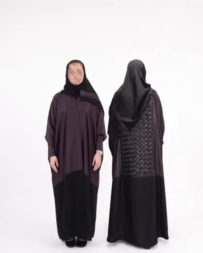 عباية نص بشت أسود وموف غامق من كريب كوري وحرير