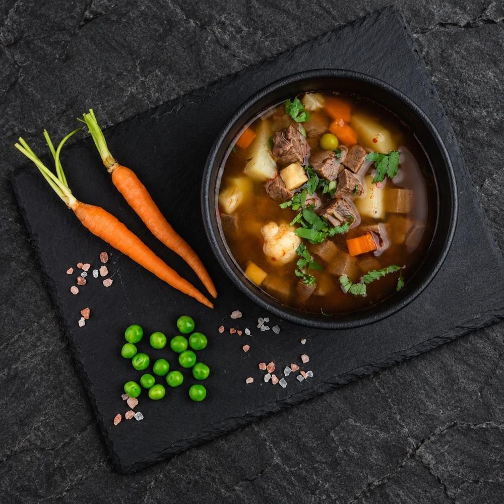 Beef and Vegetable Soup: Clear Broth and Tender Pieces