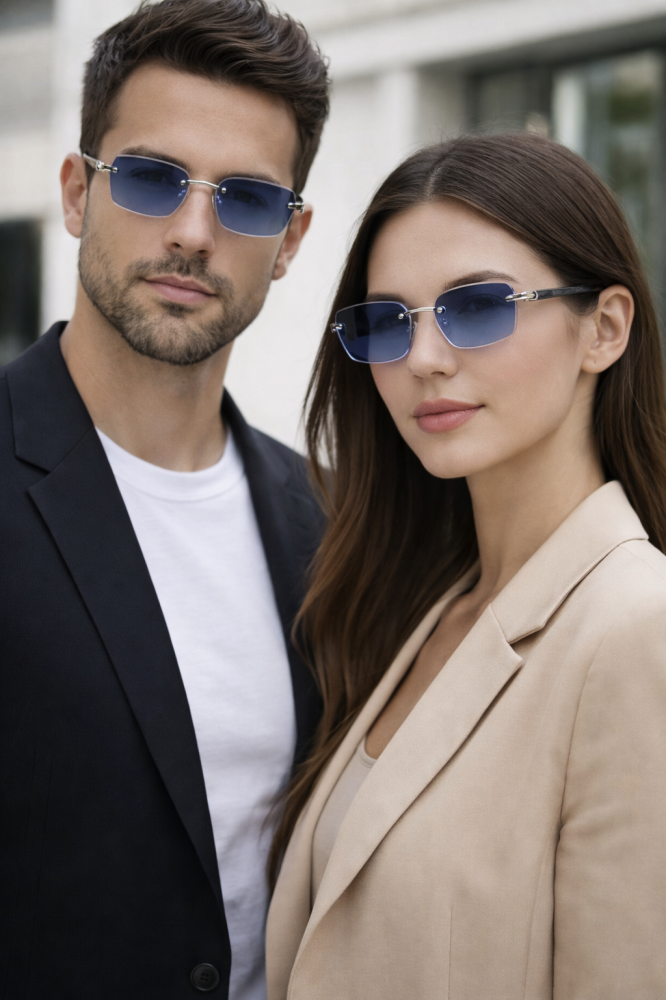 نظارة شمس بدون فريم بعدسات رمادية وفواصل سلفر لامعة