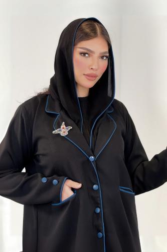 عبايه بليزر كتان ملكي اسود مبطن بلون قماش امريكي