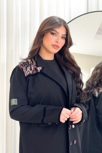 عبايه بليزر كتان ملكي اسود مع مخمل بقلم بدرجات البني