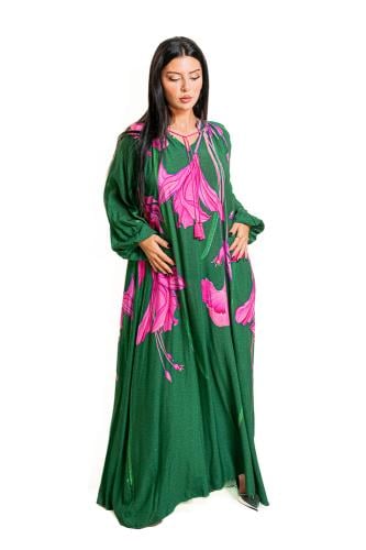 فستان طويل اخضر مزين بالورود (34913-VS)