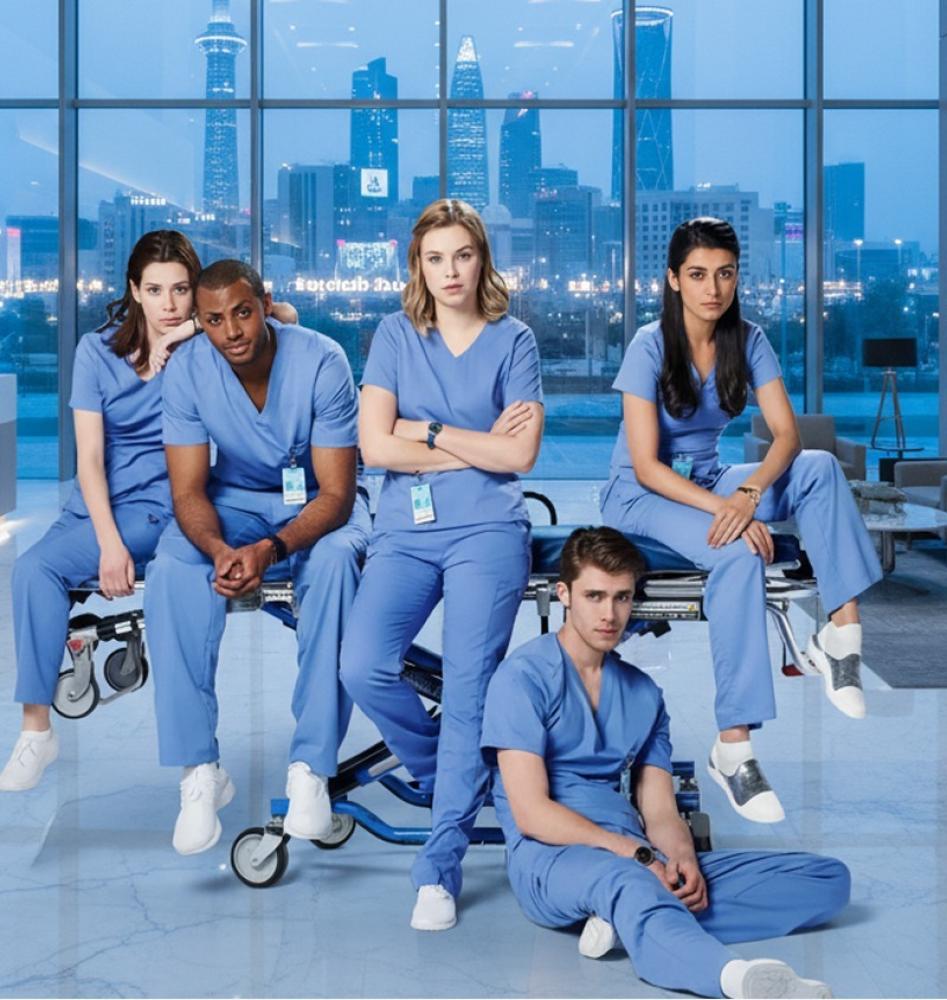 طاقم طبي يرتدي سكربات ولاب كوت عالية الجودة داخل المستشفى بمظهر مهني مريح