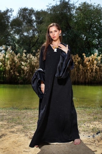 Ladies puffy sleeves dress crepe fabric with glitter