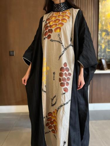Ladies high neck kaftan with embroidery  and sequins on the neck linen