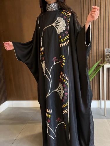 Ladies high neck kaftan with embroidery and sequins on the neck linen