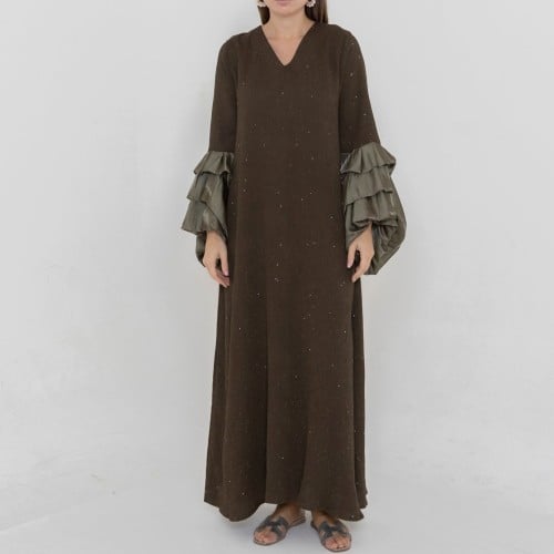 Ladies puffy sleeves dress crepe fabric with glitter