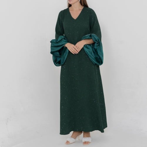 Ladies puffy sleeves dress crepe fabric with glitter