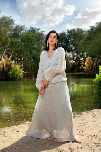 Ladies one piece dress long sleeve with sequins linen