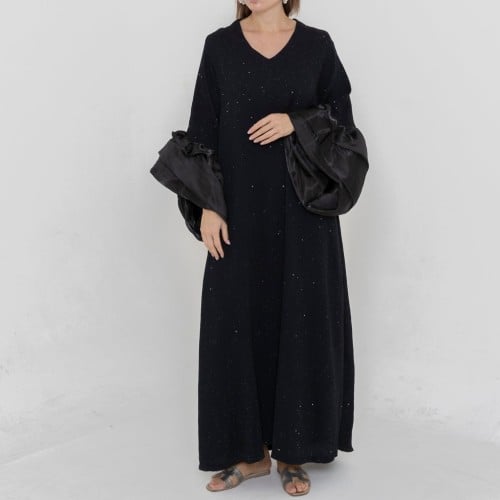 Ladies puffy sleeves dress crepe fabric with glitter