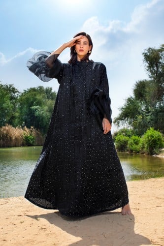 Ladies embroidery dress with puffy sleeves and sequins