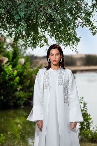 Ladies two piece dress with crystals and feather