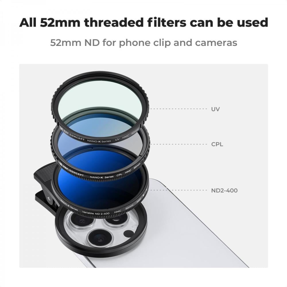 K&F 52mm Clip-on ND2-400 Phone Camera Lens Filter Kit, Adjustable Neutral Density Filter Compatible models: iPhone 15 series / 14 series / 13 series / 12 series / 11 series