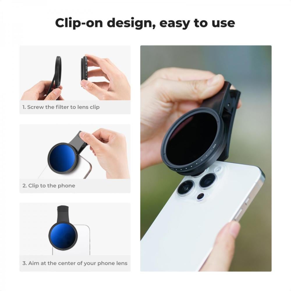 K&F 52mm Clip-on ND2-400 Phone Camera Lens Filter Kit, Adjustable Neutral Density Filter Compatible models: iPhone 15 series / 14 series / 13 series / 12 series / 11 series