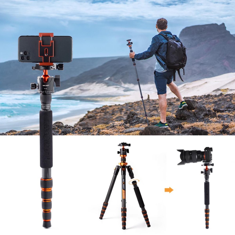 K&F Concept Carbon Fiber Camera Tripod 172cm, Lightweight Compact Tripod Monopod with Ball Head Quick Release Plate Carrying Bag Loading Up to 15KG