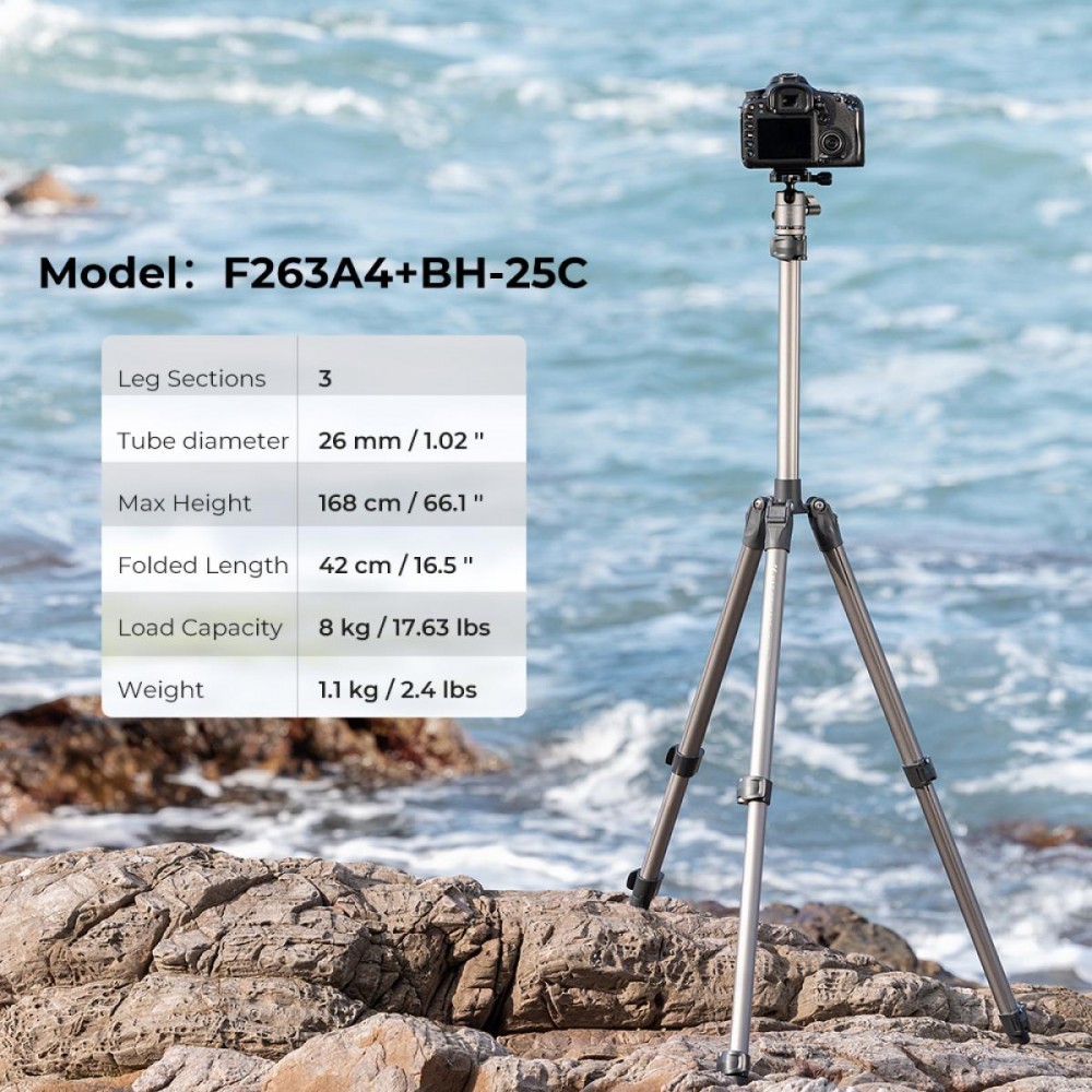 K&F Concept F263A4 Lightweight and Compact Aluminum Super Portable Tripod,8KG Load Capacity CNC Ball Head,Quick Release Plate for Travel and Work