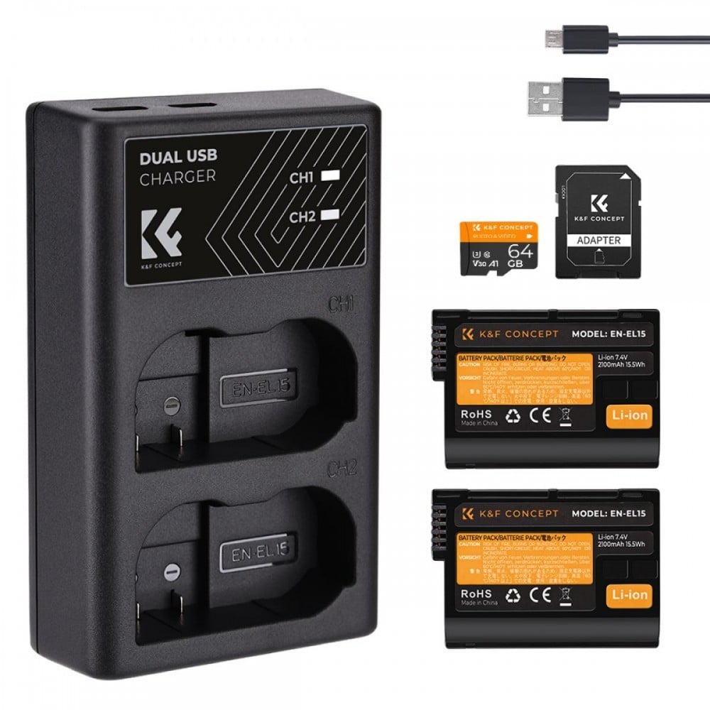 K&F Concept EN-EL15 rechargeable battery 2pcs + charger + 64GB micro SD card kit compatible with Nikon