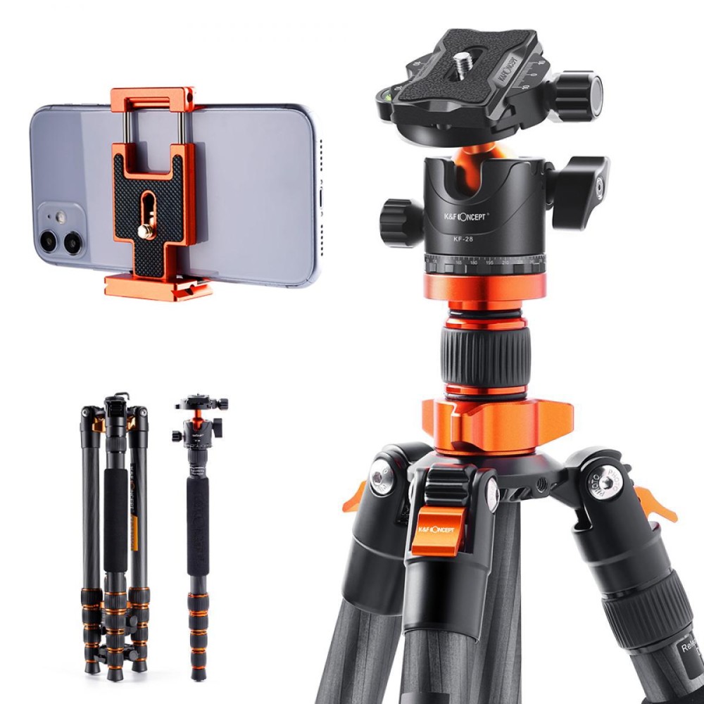 K&F Concept Carbon Fiber Camera Tripod 172cm, Lightweight Compact Tripod Monopod with Ball Head Quick Release Plate Carrying Bag Loading Up to 15KG