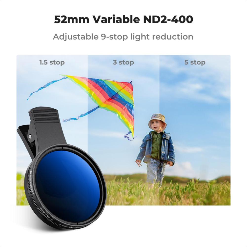 K&F 52mm Clip-on ND2-400 Phone Camera Lens Filter Kit, Adjustable Neutral Density Filter Compatible models: iPhone 15 series / 14 series / 13 series / 12 series / 11 series