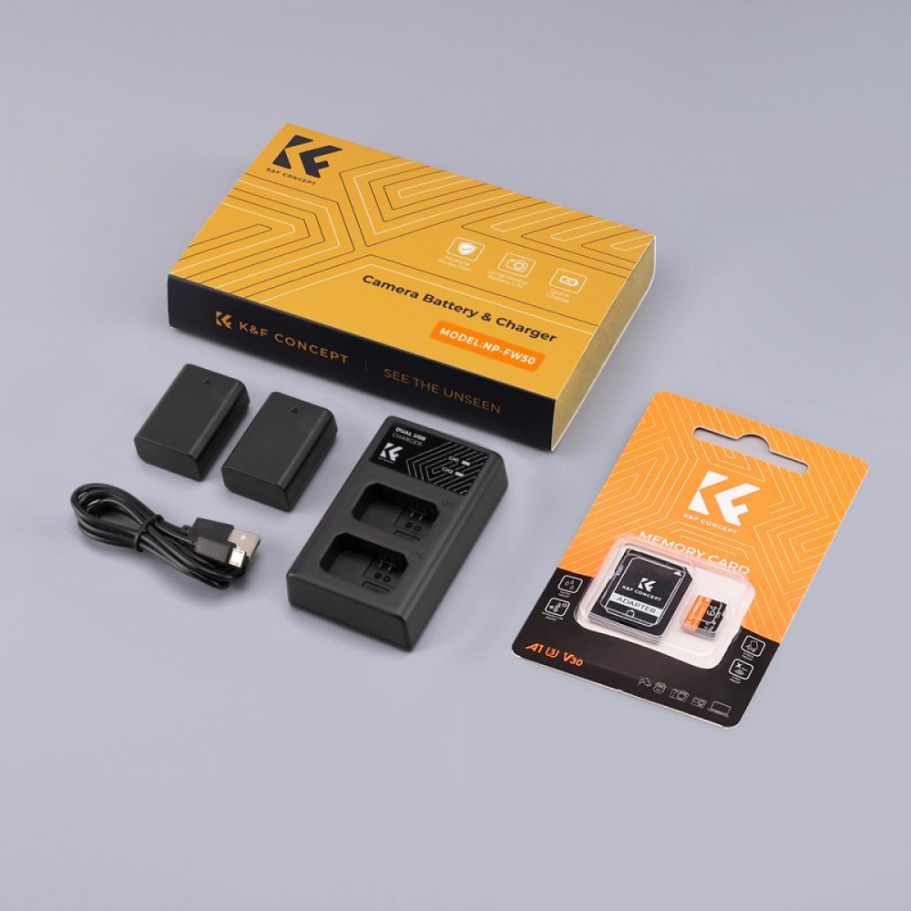 K&F Concept NP-FZ100 rechargeable battery 2pcs + charger + 64GB micro SD card kit compatible with Sony