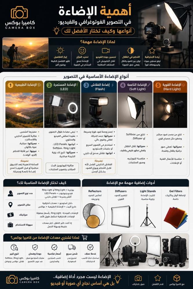 أهمية الإضاءة في التصوير الفوتوغرافي والفيديو: أنواعها وكيف تختار الأفضل لك