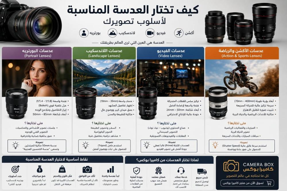 كيف تختار العدسة المناسبة لأسلوب تصويرك (بورتريه، لاندسكيب، فيديو، أكشن)