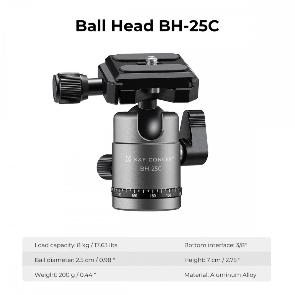 K&F Concept F263A4 Lightweight and Compact Aluminum Super Portable Tripod,8KG Load Capacity CNC Ball Head,Quick Release Plate for Travel and Work