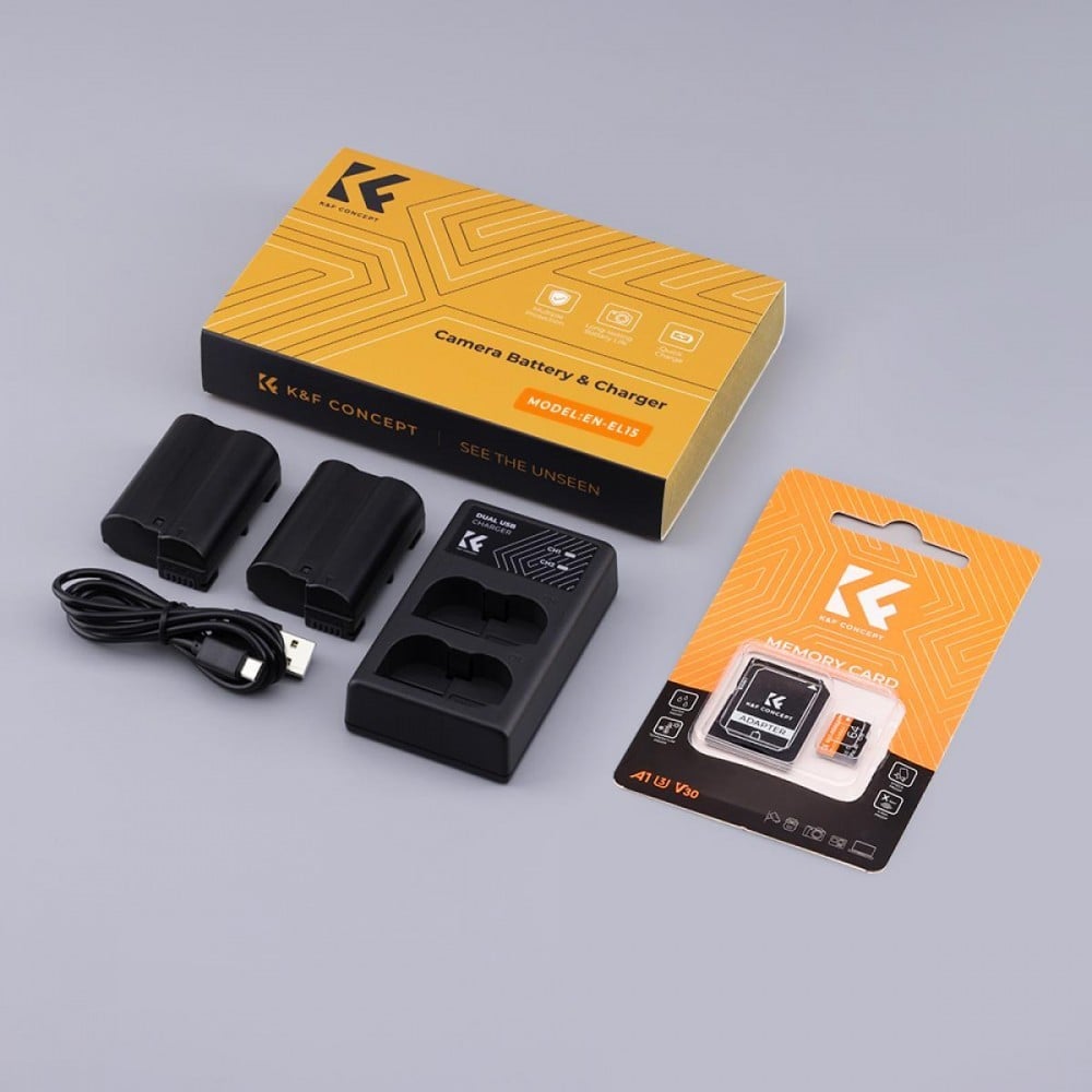 K&F Concept EN-EL15 rechargeable battery 2pcs + charger + 64GB micro SD card kit compatible with Nikon