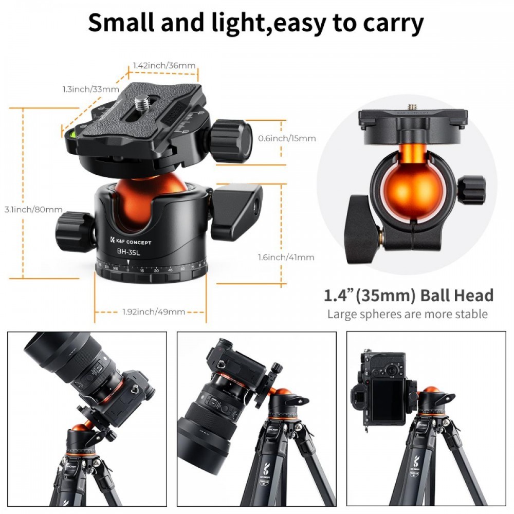 K&F Concept Professional 35mm Metal Tripod Ball Head 15kg/33lbs Load 360 Degree Rotating Panoramic with 1/4 inch Quick Release Plate