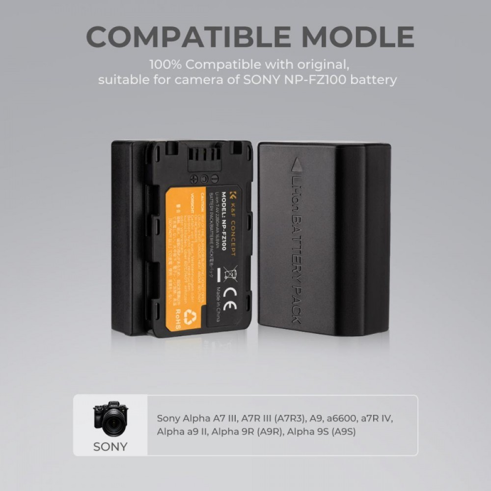 K&F Concept NP-FZ100 rechargeable battery 2pcs + charger + 64GB micro SD card kit compatible with Sony
