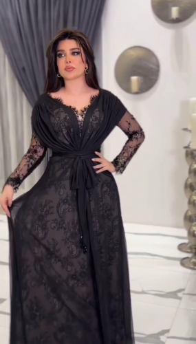 فستان نسائي سهره راقي لون اسود خامه شيفون&دانتيل ر...