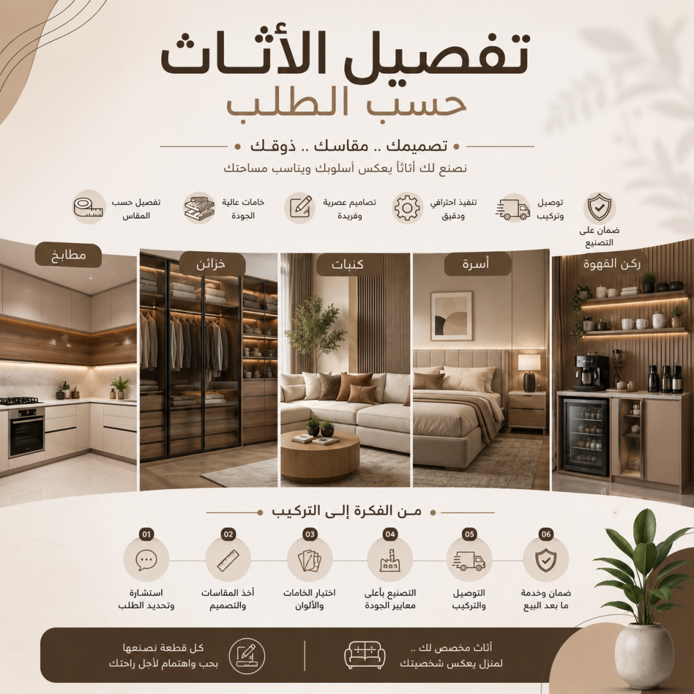 تفصيل أثاث منزلي حسب الطلب مطابخ وغرف نوم وكورنر كوفي وكنبات