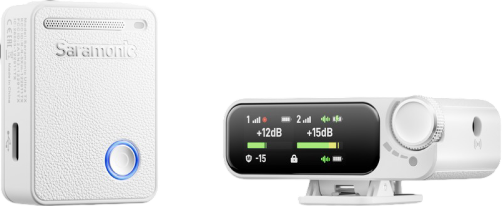 سارامونيك - ميكروفون لاسلكي 02 Ultra ثنائي القناة مع رمز زمني واحترافي بجودة 32-bit float - ابيض