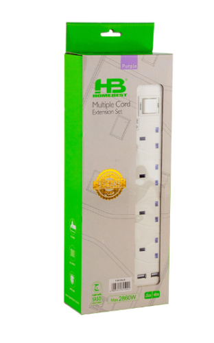 توصيلة HB كهرباء 4 فيش 2 USB ابيض ٣ متر
