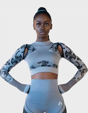 Made in UK, Brand: Active Fit Gym wear-Crop Top Long/Sleeve Grey Camouflage-KAT6410