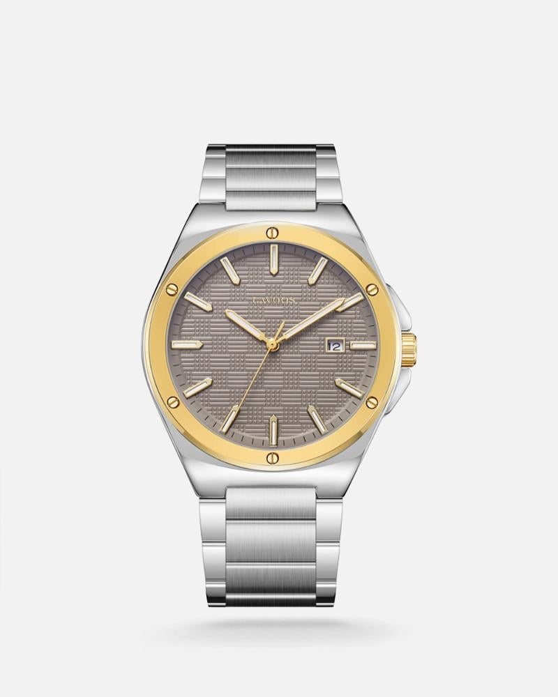 ساعة رجالية ستيل بلون فضي اطار ذهبي