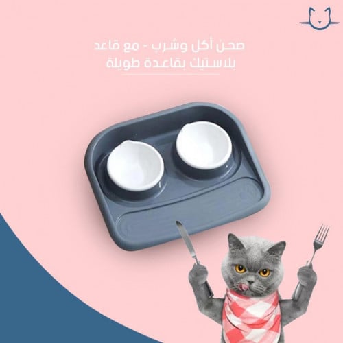 صحن أكل وشرب مع قاعدة بلاستك طويلة