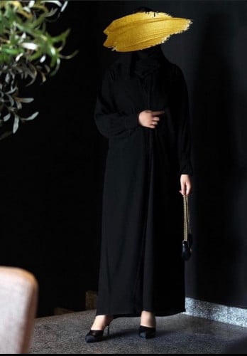 عباية سوداء كريب ياباني، بأزرار وجيوب