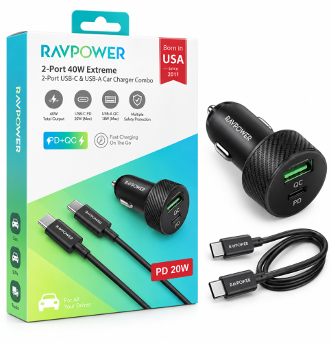 شاحن سيارة راف باور بايونير 49 واط بمنفذين USB-C PD وUSB-A للشحن السريع