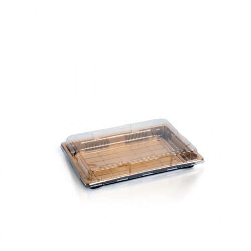 صحن بلاستيك سوشي ذهبي غطاء شفاف مقاس 24 × 14.5 × 4...